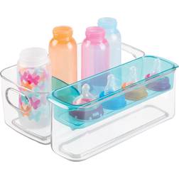 mDesign Plastic Adjustable Storage Center for Kitchen Cabinet, Pantry, Refrigerator, Countertop Holds Kids/Toddlers Bottles, Sippy Cups, Baby Food Jars 3 Pieces Clear/Aqua Blue