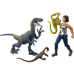 Mattel Jurassic World Camp Cretaceous Sammy, Velociraptor and 2 Compys Human and Dino Pack with 2 Action Figures and 2 Smaller Dinosaur Toys, Gift Set and Collectible