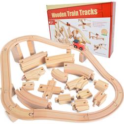 JOYIN 62 Pieces Wooden Train Track Set, Including 1 Thomas Battery Operated Motorized Toy Train, Wooden Railway Set, Birthday Holiday Party Favor Gifts for Boys Girls 2-8 Years Old