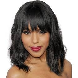 Forfeels Bob Short Curly Wigs with Bangs 14 inch Nautral Black