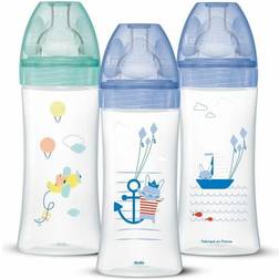Dodie Set of 3 Sensation Anti-Colic Baby Bottles 330ml 6 Months, Flat Teat, Flow 3 Sea Blue and Air Green