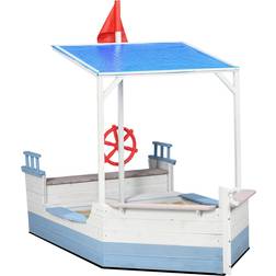 OutSunny Kids Wooden Sand Pit w/ UV Protections, Canopy, for Ages 3-8 Years