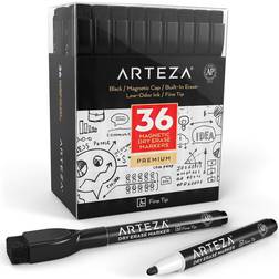 Arteza Magnetic Dry Erase Markers with Eraser, Pack of 36 with Fine Tip Black Color with Low-Odor Ink, Whiteboard Pens is Stationary Supplies