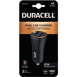 Duracell Car Charger USB, USB-C 27W Black Auto Adapter