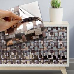 Walplus 6 120pcs Fire and Water Resistant Easy Peel and Stick Backsplash Film Metallic Silver Brown Stone Mosaic Removable Decal Tile