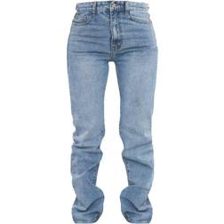 PrettyLittleThing Long Straight Leg Raw Hem Jeans - Mid Blue Wash