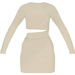 PrettyLittleThing Slinky Cut Out Waist Ring Detail Bodycon Dress - Stone