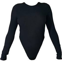 PrettyLittleThing Rib Round Neck Long Sleeve Bodysuit - Black