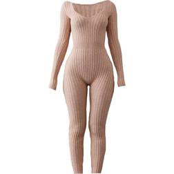 PrettyLittleThing Long Sleeve Knitted Jumpsuit - Oatmeal