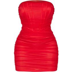 PrettyLittleThing Shape Mesh Corset Detail Ruched Bodycon Dress - Red