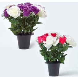 Homescapes Set of 2 Pink & Purple Roses Flowers Grave Vases Artificial Plant