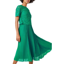 Roman Lace Top Overlay Pleated Midi Dress - Emerald