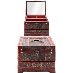 Antique Vintage Wood Jewellery Mirror Treasure Chest Trinket Case Small Box