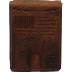 Ariat men's brown distressed leather bifold card case money clip with flag