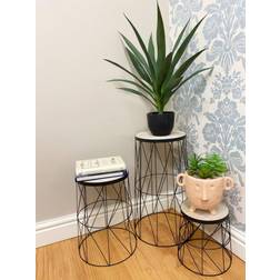 Set of 3 Wire Round Plant Stands With Wooden Top Base