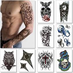 Temporary tattoos for men guys & teens fake tattoo stickers 8 large sheets ta