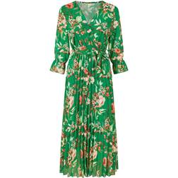 Yumi Floral Print Midi Wrap Dress with Pleated Skirt - Green
