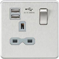 Knightsbridge MLA 13A 1 Gang Socket With Dual USB Charger 2.4A Brushed Chrome W/Grey Insert SFR9124BCG