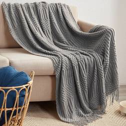 Shein 1pc Plain Tassel Decor Blanket, Simple Knitted Fabric Warm Blanket For Bedroom Blankets Grey