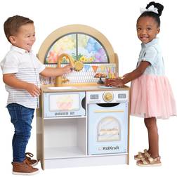 Kidkraft Let's Celebrate! Wooden Party Play Kitchen with Changing Background, Lights & Sounds and 8 Accessories
