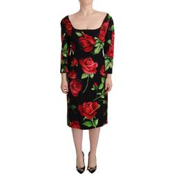 Dolce & Gabbana Black Red Roses Sheath Stretch Silk Dress IT36