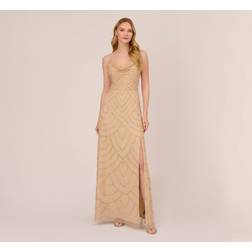 Adrianna Papell Art Deco Beaded Mermaid Gown With Cowl Neckline In Champagne Gold