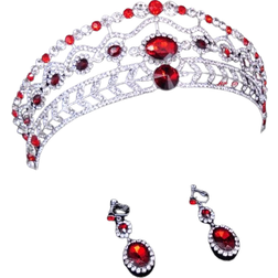 Crown Tiara Earrings Set - White Gold/Red/Transparent