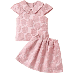 Shein Kids CHARMNG Young Girl Pink Rose Jacquard Doll Collar Short Sleeve Top And Skirt Set