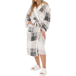 Dreamscene Check Hooded Dressing Gown Fleece Bathrobe Unisex - Silver Grey
