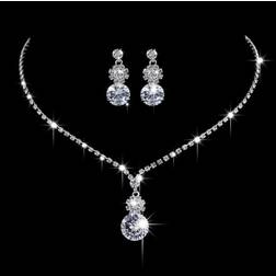 Water Drop Earring Necklace Jewelry Set - Silver/Transparent