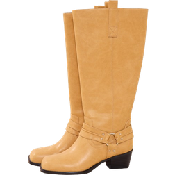 PrettyLittleThing Camel Pu Square Toe Buckle Detail Knee High Boots - Butterscotch