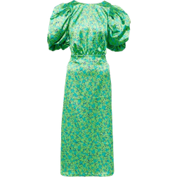 ROTATE Birger Christensen Floral Puff Sleeve Satin Midi Dress - Green