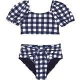 Habitual Puff Sleeve Gingham Two-piece Swimsuit - Navy